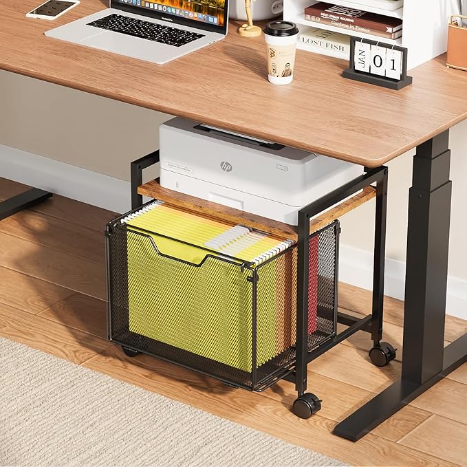 JKsmart Printer Stand with Sliding Drawer, Under Desk File Cabinet with Caster Wheels,Rolling File Cart, 2 Tier Industrial Storage Shelf, Sofa Side Table Organizer for Home, Office, Brown