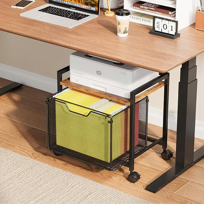 JKsmart Printer Stand with Sliding Drawer, Under Desk File Cabinet with Caster Wheels,Rolling File Cart, 2 Tier Industrial Storage Shelf, Sofa Side Table Organizer for Home, Office, Brown