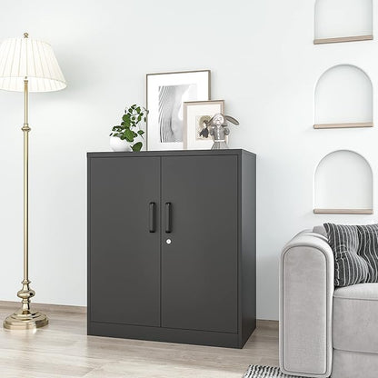 Metal Storage Cabinet, 2 Doors Garage Cabinets, Steel Utility Tool Caninet, Short Locking Caninets with Adjustable Shelves, Black Lockable File Cabnet Cupboard for Home/Office/School/Shop