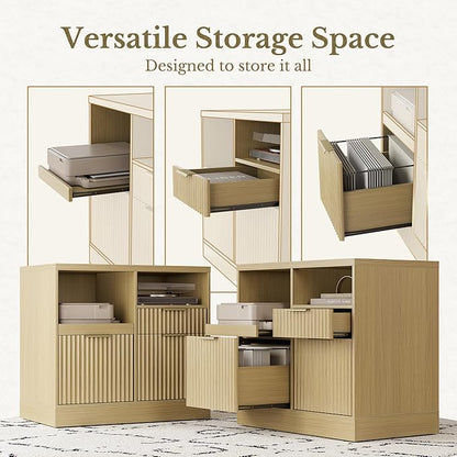 3 Drawer File Cabinet, Fluted Wood Lateral Filing Cabinet with Charging Station for Home Office, Fits for A4/Letter-Sized Files, Printer Stand with Open Storage Shelves, Light Walnut