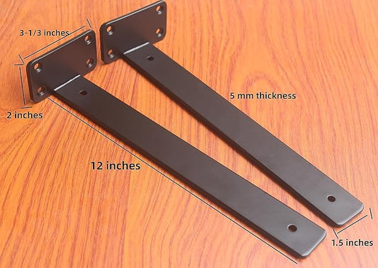 2 Pack - 12 inch Black Hidden L Shelf Bracket (1/5 Inch Thicked) Iron Floating Shelf Brackets Rustic Industrial Metal Brackets for Shelf Support