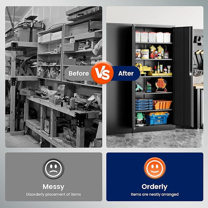 Yizosh Metal Garage Storage Cabinet with Lock, 71" Locking Tool Cabinet with 2 Doors and 5 Shelves, Tall Steel Cabinet for Garage, Heavy Duty File Cabinet for Office, School (Black)