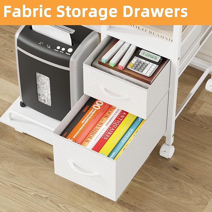YAOHUOO Printer Stand with Power Outlet/Fabric Drawers, Printer Cabinet with Storage Shelf and Rolling Shredder Stand, Printer Table for Home Office, 22.8"×15" White