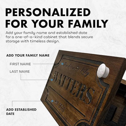 Bellewood Designs Customizable Hidden Gun Storage Wall Decor - Hidden Gun Safe with Family Name & Est Date - Magnetic Locking Concealment Shelf - Gun Concealment Furniture (Provincial)