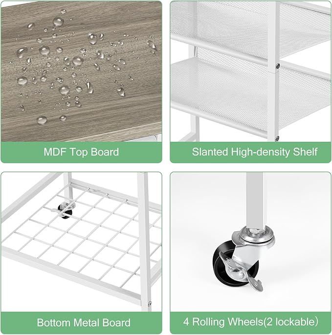 OYEAL White Bathroom Storage Cart Rolling Towel Cart On Wheels Freestanding Bathroom Shelf Unit with Hair Dryer Holder for Small Spaces, Living Room, Kitchen