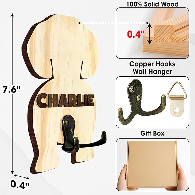 Personalized Dog Leash Holder, Custom Wooden Dog Wall Hook with Name, Wall Mounted Pet Harness Holder, Entryway Organizer for Leashes, Keys and Collars, Gift for Pet Lovers, Home Décor