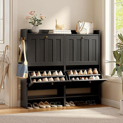 Gizoon Shoe Storage Cabinet with 4 Flip Drawers, Mordern Freestanding Shoe Organizer for Entryway, Narrow Rack Cabinet with Storage for Entrance, Hallway, Black