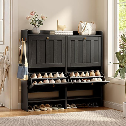 Gizoon Shoe Storage Cabinet with 4 Flip Drawers, Mordern Freestanding Shoe Organizer for Entryway, Narrow Rack Cabinet with Storage for Entrance, Hallway, Black