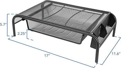 Mount-It! Metal Mesh Monitor Stand with Drawer, Ergonomic Desk Organizer and Riser for Monitors and Laptops, Desktop Stand with Extra Storage and Side Pocket, Black
