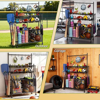 Large Sports Organizer for Garage, Ball Storage Rack Garage Sports Equipment Organizer with Side Racks, Baskets, Hooks, Multi-Purpose Golf Gear Storage for Gym Indoor Outdoor