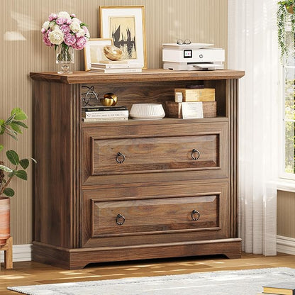 Itaar 2 Drawer File Cabinet, Farmhouse Filing Cabinet for Home Office Fits Letter, Legal, A4 Size, Wood Lateral File Cabinet with Printer Stand, Storage Shelf, Brown