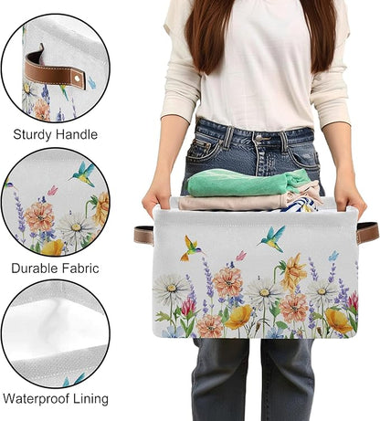 Flower Storage Bin with Handle, Wildflower Foldable Storage Box, Christmas Decorative Watercolor Flora Basket for Home, Bedroom, Closet Organization
