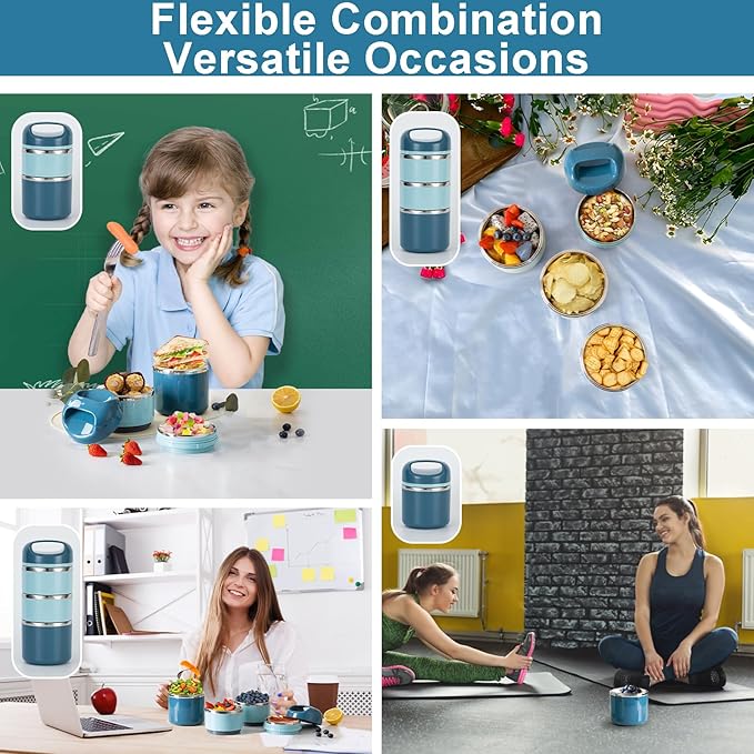 Lille Home 3-Layer Stainless Steel Lunch Box 1.43L- Leakproof, BPA-Free Insulated Bento Box for On-the-Go Meal Prep, Stackable Food Container for Women & Men