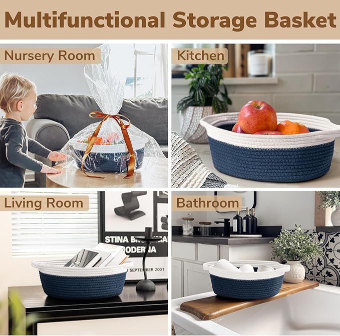 Goodpick Small Woven Basket, Baby Gift Basket Storage Bin under Changing Table, Small Basket Organizing for Living Room, Bathroom, Enytraway, 12"x 8" x 5", Navy Blue
