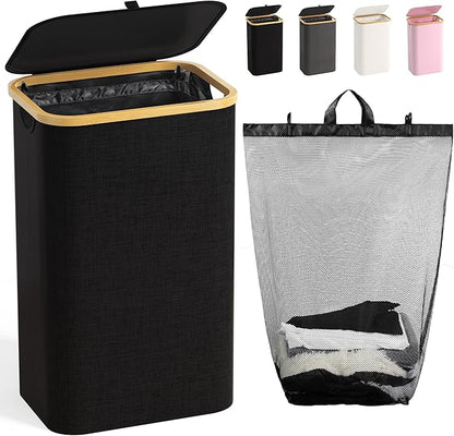 100L Laundry Hamper with Lid, Large Laundry Basket with Bamboo Handles, Clothes Hampers for Laundry with Removable Bag, Dirty Clothes Hampers for Bedroom Aesthetic, Black
