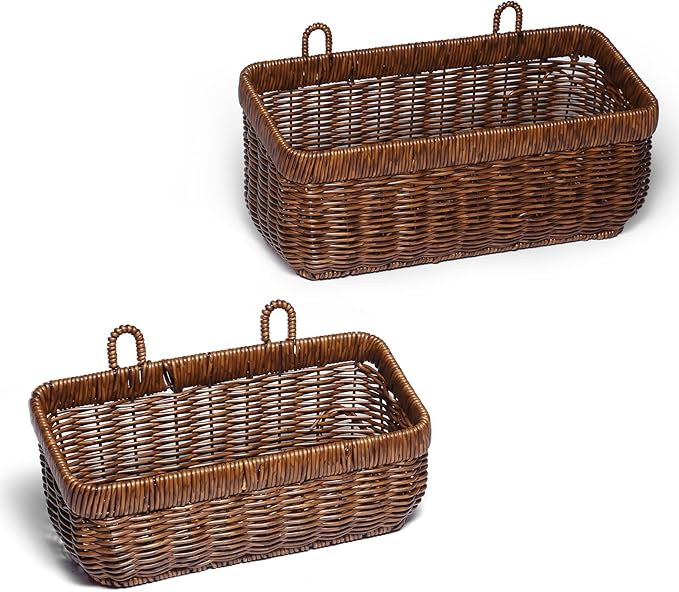 2 PCS Hanging Wall Basket,Wicker Fruit Racks,Open Storage Bins,Hand-Woven Shelf Basket,For Garlic, Ginger, Eggs, Onions,And Fruits, Kitchen And Living Room Storage Boxes(Brown-(M+L))