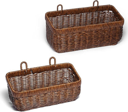 2 PCS Hanging Wall Basket,Wicker Fruit Racks,Open Storage Bins,Hand-Woven Shelf Basket,For Garlic, Ginger, Eggs, Onions,And Fruits, Kitchen And Living Room Storage Boxes(Brown-(M+L))