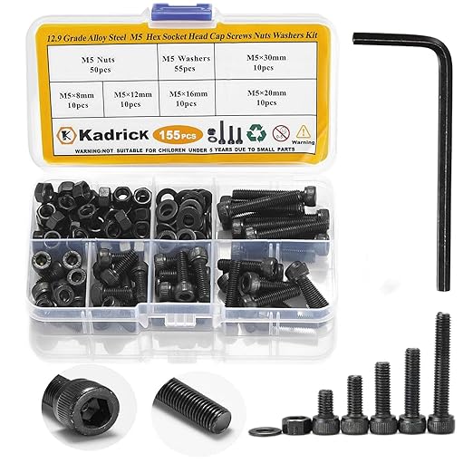 Kadrick Metric Screws Assortment,155 Pcs M5 Screw Kit,Hex Socket Head Cap Bolts, M5*8mm/12mm/16mm/20mm/30mm Screws Nuts and Washers, 12.9 Grade Alloy Steel,Black Zinc Plated,Anti Rust Upgrade