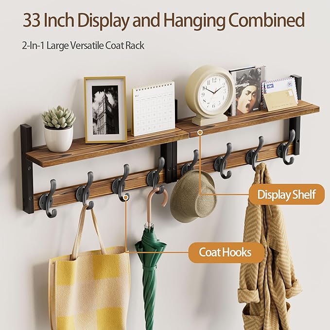 33 inch Coat Rack Wall Mount with Shelf, Set of 2 Entryway Wall Shelf with Hooks, Heavy Duty Coat Hanger Wall Mount for Living Room, Bedroom, Bathroom, Rustic Brown & Black