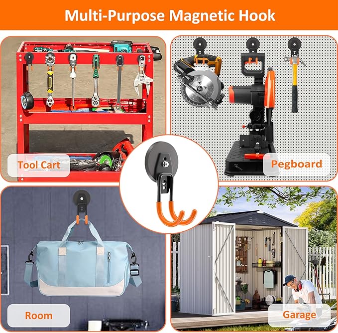 ENUODA Strong Magnetic Hooks Heavy Duty - Magnetic Wreath Hanger, Rare Earth Magnet Hook for Hanging Garden Tools, Drill, Hose, Broom, Cabinet, Tool Chest, Van, Container, Locker, 4 PCS