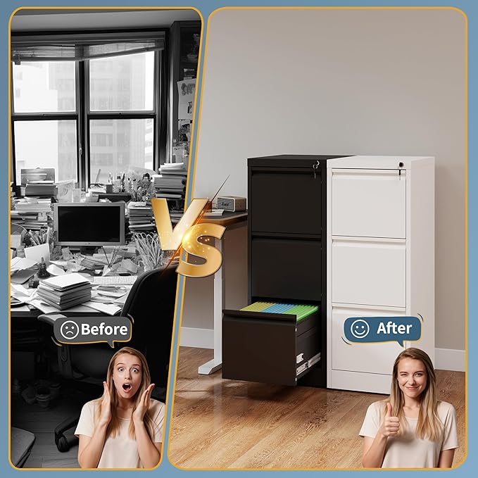3 Drawer File Cabinet with Lock, Vertical Filing Cabinets for Home Office, Metal Storage Cabinets, Heavy Duty File Cabinet for Letter/Legal/A4/F4 Size Amsseble Required, Black