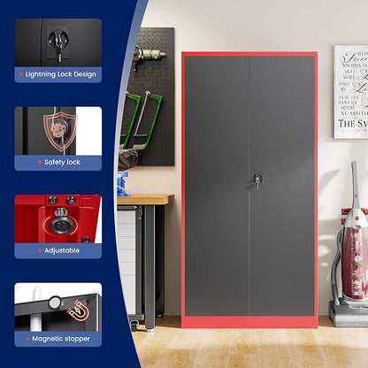 Yizosh Metal Garage Storage Cabinet with Lock Doors and 4 Shelves,-72" Steel Heavy Duty Tool Cabinet for Garage, Office,School (Red Black)