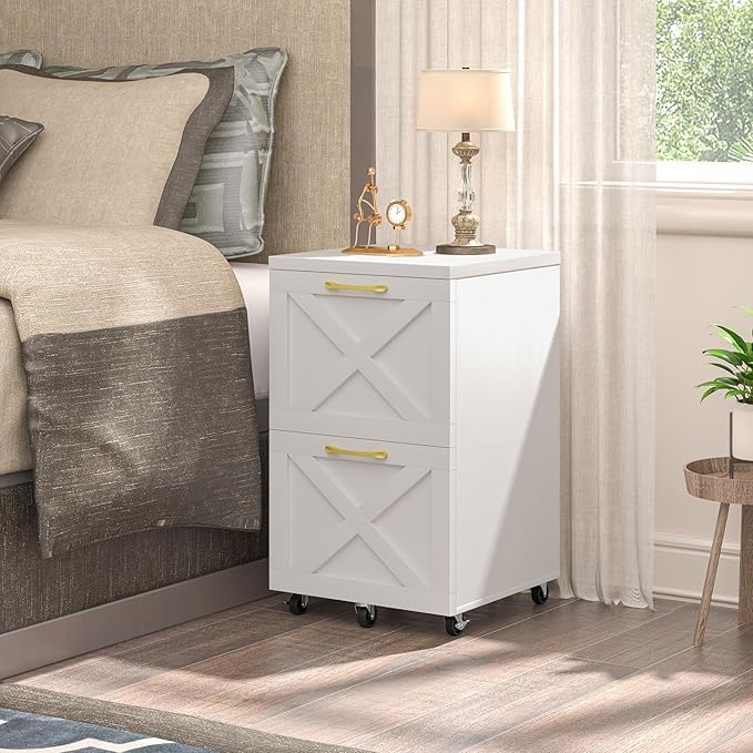 2 Drawer Small File Cabinet with Wheels, Farmhouse Vertical Filing Cabinet Fits A4/Letter Size, Under Desk Rolling File Cabinets for Home Office, Wooden Printer Stand, White