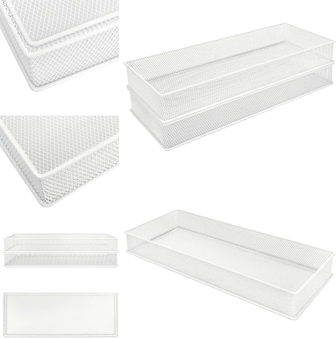 Annova Mesh Stackable Drawer Cabinet and Shelf Organizer Bins Storage Basket School Office Supply Holder Tray- Set of 2 (White, 6x15x2 Inch)