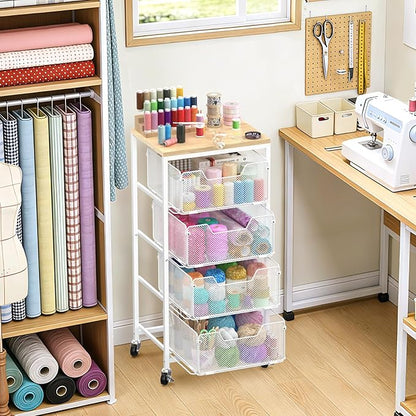 Rolling Cart with Drawers, 4-Tier Utility Cart Storage Organizer with Lockable Wheels, Metal Craft Storage Cart with Wooden Top for Kitchen, Bathroom, School, Studio, Office, Bedroom, White