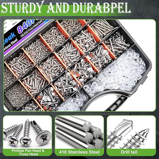 mxuteuk 1505PCS Self Tapping Screws Assortment Kits,#8#10 410 Stainless Steel Truss Head Self Drilling Screws and M2 M3 M4 Carbon Steel Phillips Pan Head Self Tapping Screws for Plastic,Wood