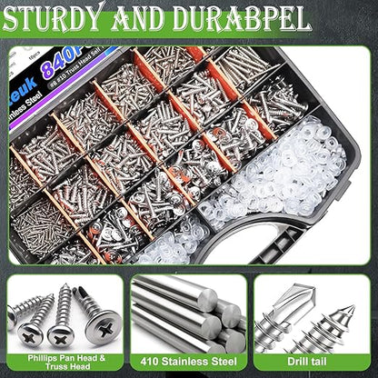 mxuteuk 1505PCS Self Tapping Screws Assortment Kits,#8#10 410 Stainless Steel Truss Head Self Drilling Screws and M2 M3 M4 Carbon Steel Phillips Pan Head Self Tapping Screws for Plastic,Wood