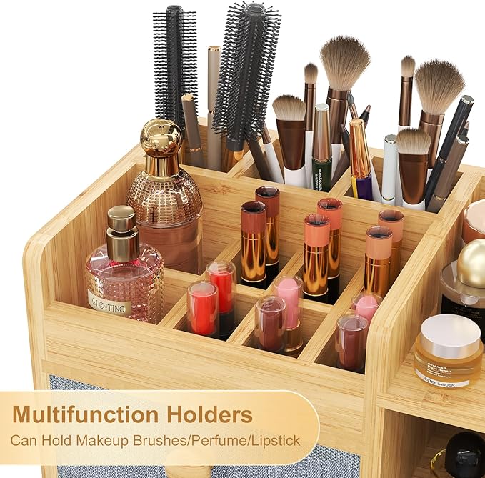 Large Makeup Organizer Countertop For Vanity Dresser, Bamboo Bathroom Counter Organizers And Storage,Cosmetic Skincare Perfume Organizer With 3 Makeup Brush Holder/2 Drawers/5 Shelves /8 Compartments