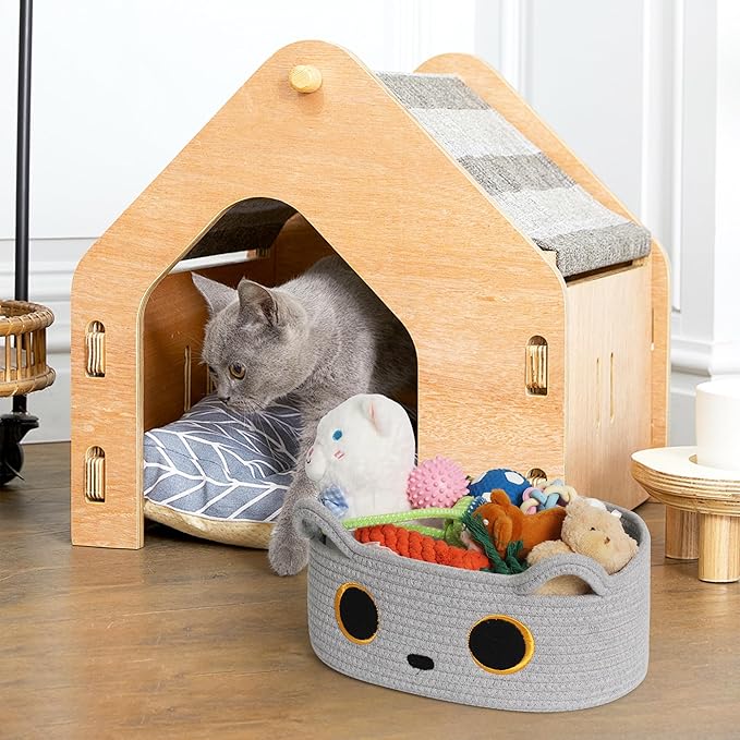 Gray Cat Toy Basket, Small Woven Cat Toy Storage Box with Cute Ears Handle Indoor, Cotton Rope Storage Bin with Embroidered Face for Home Decor, Pet Bed, Nursery Kids Room Organization