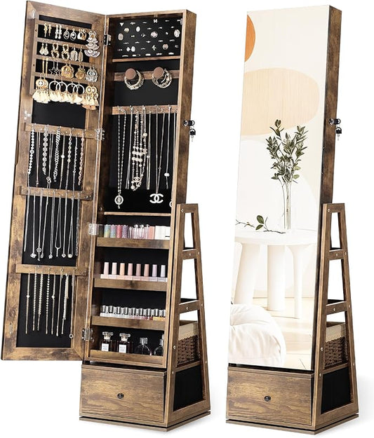 Nicetree 360°Swivel Jewelry Cabinet, Rotatable Full Length Mirror with Jewelry Storage, Standing Jewelry Armoire Organizer, Lockable Jewelry Organizer with 3 Rear Shelves, Bottom Drawer, Rustic Brown