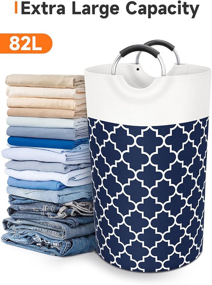 Large Laundry Basket Laundry Hamper Bag Washing Bin Clothes Bag Collapsible Tall with Handles Waterproof Travel Bathroom College Essentials Storage for College Dorm, Family (Blue) 82L