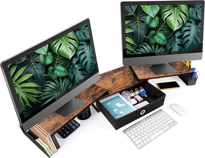 Dual Monitor Stand Riser With Drawer, Office Desk Organizers and Accessories, Computer Riser for 2 Monitors, Shelf With Adjustable Length & Angle