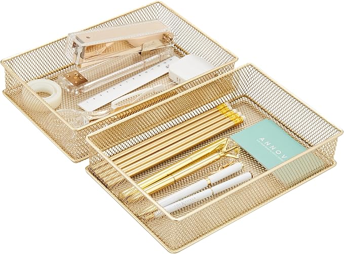 Annova Mesh Stackable Drawer Cabinet and Shelf Organizer Bins Storage Basket School Office Supply Holder Tray- Set of 2 (Gold, 6x9x2 Inch)