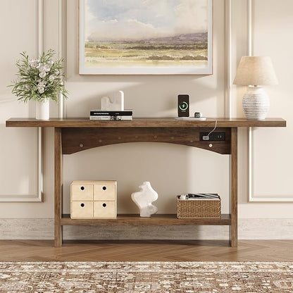 71" Console Table with Charging Station, Farmhouse Entryway Table, Entryway Table with Storage for Living Room or Foyer, Sofa Table for Hallway with Anti-Tip, Easy Assembly, Brown