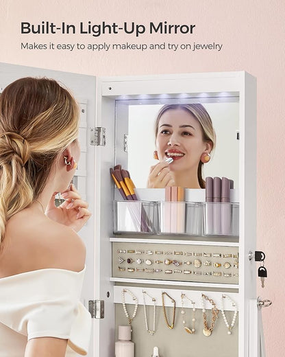 SONGMICS LED Mirror Jewelry Cabinet Standing, Lockable Jewelry Armoire with Full-Length Mirror, Space-Saving Jewelry Organizer with Mirror, Drawer and Shelf, Gift Idea, Cloud White UJJC025W01