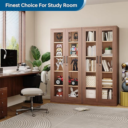 Display Cabinet with Glass Doors, 71 Inches Metal Display Case with 4 Adjustable Shelves, Curio Storage Cabinet with Lock for Home, Office, Book, Pantry, Assemble Required (Wood Color)