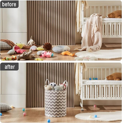 Baby Laundry Basket with Long Handles, 63L Collapsible Kids Laundry Hamper, Toy Storage Basket for Nursery, Bedroom Decor for Girls and Boys (Grey Chevron)