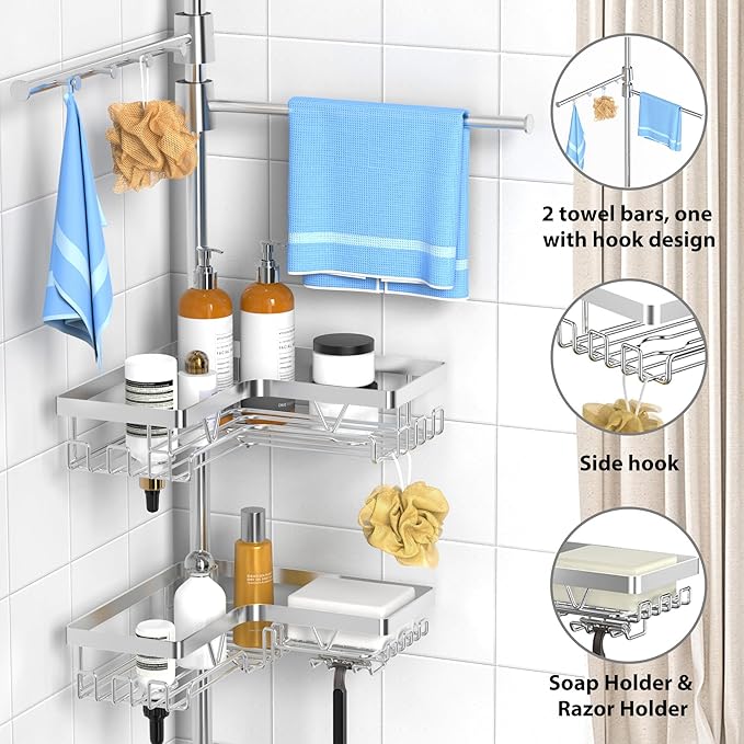 KEGII Shower Caddy Tension Pole with 2 Towel Bars, Adjustable Corner Bathroom Organizer, Rustproof Bathtub Storage Shelves for Shampoo, 25–114.2 Inch Shower Rack for Renters & Family