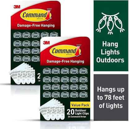 Command Outdoor Light Clips, 40 Clear and 48 Strips, Damage Free Hanging with Weather Resistant Strips, Wall Clips for Hanging Outdoor Lights and Cable Management