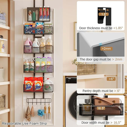 Adjustable Over The Door Organizer, Closet Door Organizer Heavy Duty Hanging Door Storage with 4 Metal Baskets and PVC Pocket, Behind Organizer for Bathroom Closet Bedroom Cabinet, Black