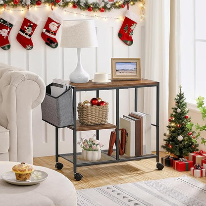 Printer Stand with Storage Bag, 3-Tier Mobile Under Desk Printer Cart with Wheels, Wood Rolling Printer Table, Organizer Shelf for Study, Office, Living Room, Rustic Brown PTHR2201