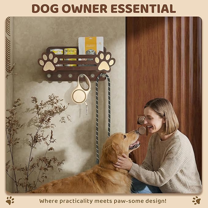 MTERSN Acacia Wood Dog Leash Holder for Wall - Fun Paw Key Holder Wall Mount with Floating Shelf and 6 Hooks- Retro Mail & Dog Accessories Organizer for Room Decor(Dark Acacia Wood)