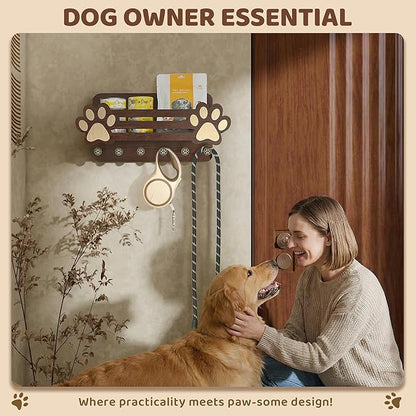 MTERSN Acacia Wood Dog Leash Holder for Wall - Fun Paw Key Holder Wall Mount with Floating Shelf and 6 Hooks- Retro Mail & Dog Accessories Organizer for Room Decor(Dark Acacia Wood)