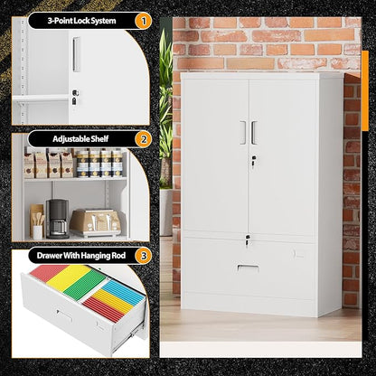 INTERGREAT Metal Storage Cabinet with Drawer,52" H*32" W*16" D File Cabinets,Steel Locking Storage Cabinet with Doors and Shelves for Home,Office,Garage,School,Fit A4/Letter/Legal File (White)
