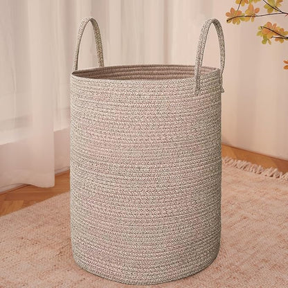 Large Woven Laundry Basket Hamper,80L Cotton Rope Storage Bin for Blankets,Toys and Clothes,Decorative Tall Nursery Hamper for Living Room,Baby Nursery,Bathroom and Bedroom,Oatmeal