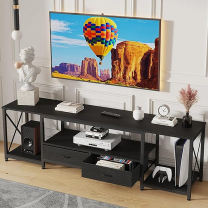 GYIIYUO TV Stand with Fabric Drawers - Entertainment Center and Industrial TV Console Table with Open Storage Shelves for Living Room, Bedroom - 55.1" Black